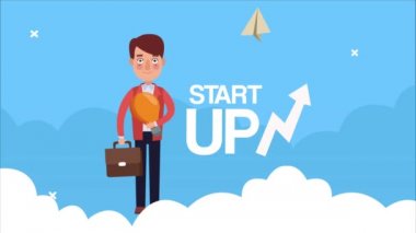 Zarif başarılı iş adamı gökyüzünde ampul ve portföy kaldırıyor.