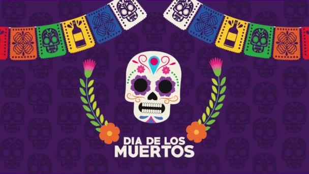 Dia de los muertos celebração com crânio pintado e guirlandas — Vídeo de Stock