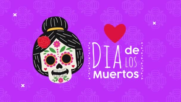 Dia de los muertos viering met katrina schedel en hart — Stockvideo