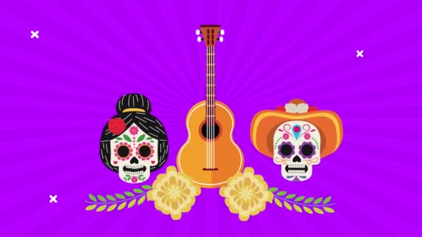 Día de los muertos celebración con cráneos pareja y guitarra — Vídeo de stock