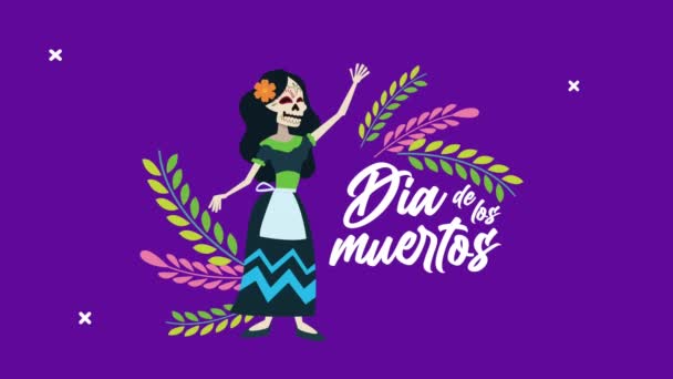 Dia de los muertos celebration with female skull and flowers — Stock Video