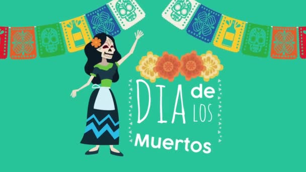 Dia de los muertos celebration with female skull and flowers — Stock Video
