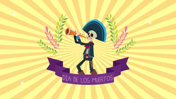 Día de los muertos celebración con mariachi cráneo tocando trompeta — Vídeos de Stock