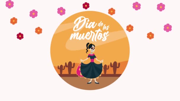 Dia de los muertos oslava s ženskou lebkou v poušti — Stock video