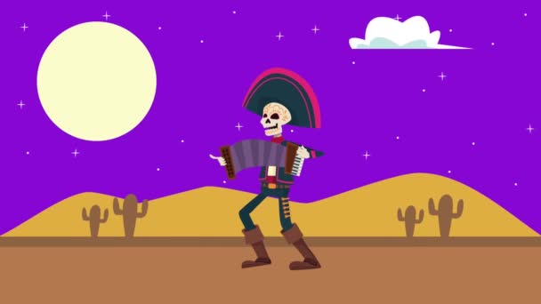 Dia de los muertos celebração com mariachi crânio jogando acordeão no deserto — Vídeo de Stock