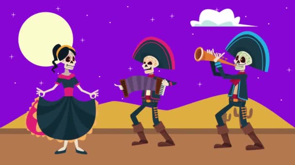 Dia de los muertos celebração com crânios grupo mariachis no deserto — Vídeo de Stock