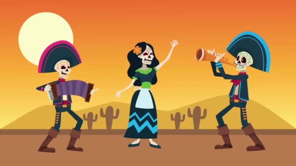 Dia de los muertos viering met mariachis groep schedels in de woestijn — Stockvideo