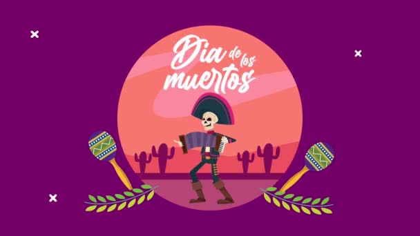 Dia de los muertos świętuje z czaszką mariachi grającą na akordeonie na pustyni — Wideo stockowe