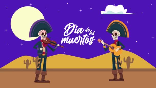 Dia de los muertos perayaan dengan tengkorak mariachis di padang pasir — Stok Video