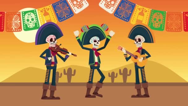 Dia de los muertos firande med dödskallar mariachis i öknen och girlanger — Stockvideo