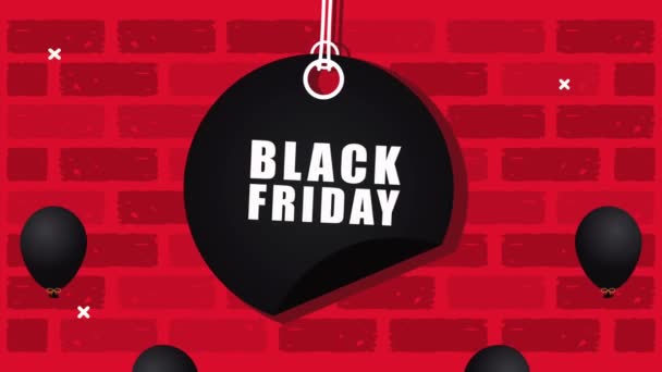 Black friday lettering in circular tag in wall and balloons helium animation — Stock Video