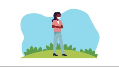 Kamp animasyonunda tıbbi maske takan afro bir kadın.