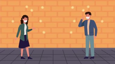 Sosyal mesafeli tıbbi maskeler takan çift