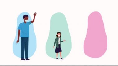 Sosyal mesafeli tıbbi maskeler takan insanlar.