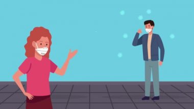 Sosyal mesafeli tıbbi maskeler takan çift