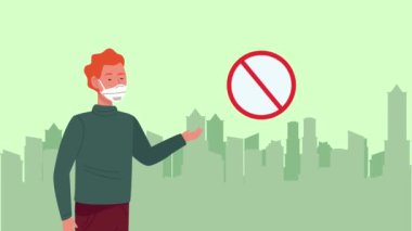 Konuşma kabarcığı animasyonlu tıbbi maske takan adam