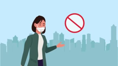 Kadın tıbbi maske takıyor ve 19 sinyali kesiyor.