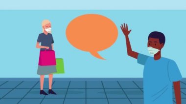 Süpermarkette sosyal mesafeli tıbbi maskeler takan ırklar arası bir çift.