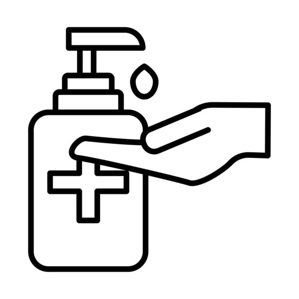 Mano con línea de botella de jabón antibacteriano estilo — Vector de stock