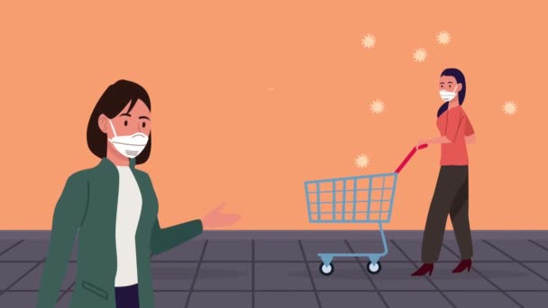 Mujeres con máscaras médicas a distancia social en el supermercado — Vídeo de stock