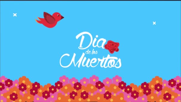 花とメディア・デ・ロス・ムエルトスのレタリングお祝い — ストック動画
