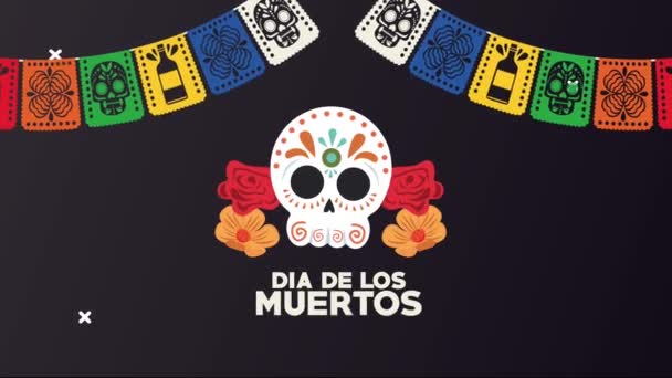 メディア・デ・ロス・ムエルトス頭蓋骨と花のレタリングお祝い — ストック動画