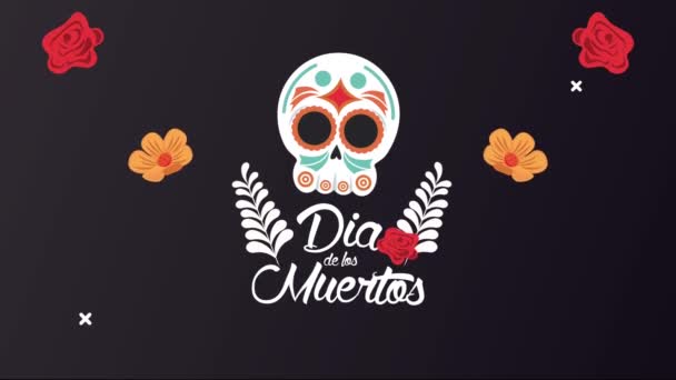 Dia de los muertos επιστολόχαρτο γιορτή με κεφάλι κρανίου και λουλούδια — Αρχείο Βίντεο