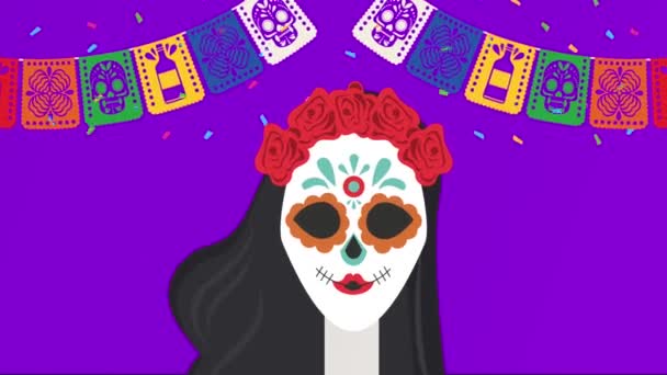 Dia de los muertos celebration with katrina skull and garlands — Stock Video