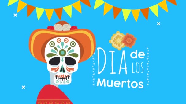 Dia de los muertos felirat ünneplés koponya visel kalap és koszorúk — Stock videók