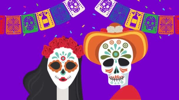 Dia de los muertos ünnepség koponyák pár és koszorúk — Stock videók