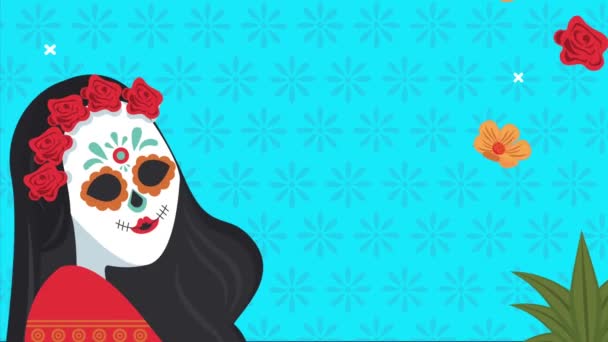 メディア・デ・ロス・ムエルトスカトリーナ頭蓋骨と花の装飾でお祝い — ストック動画