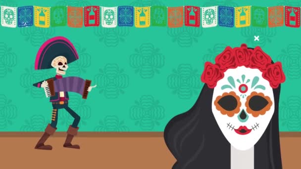 Dia de los muertos celebration with katrina and mariachi skulls — Stock Video