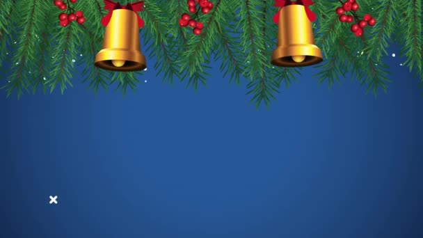 Happy merry christmas with bells hanging and leafs — Stock Video