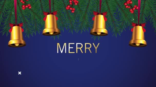 Happy merry christmas lettering with bells hanging — Stock Video