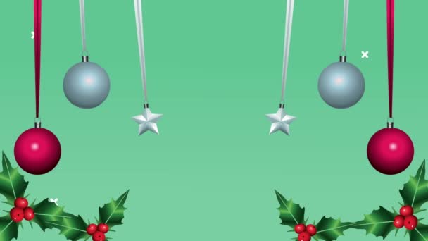 Joyeux noël heureux avec des boules et des étoiles suspendues — Video