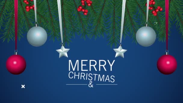 Happy merry christmas lettering with balls and stars hanging — Stock Video