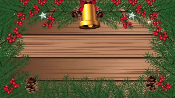Vrolijk vrolijk kerstfeest met gouden bel in houten achtergrond — Stockvideo