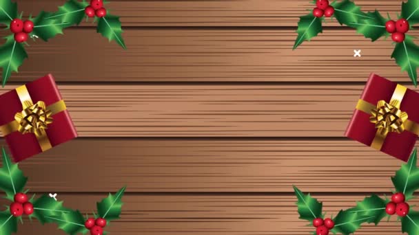 Gelukkig vrolijk kerstfeest met bladeren en geschenken in houten achtergrond — Stockvideo