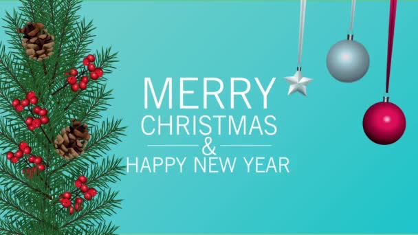 Happy merry christmas lettering with pine tree and balls hanging — Stock Video