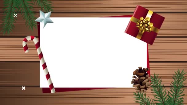 Gelukkig vrolijk kerstfeest met zoete riet en geschenk — Stockvideo