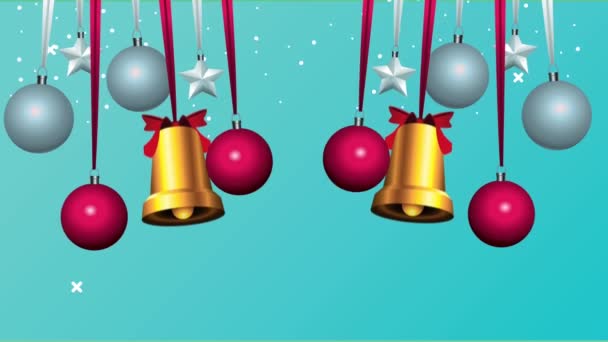 Feliz Navidad con bolas y campanas colgando — Vídeos de Stock