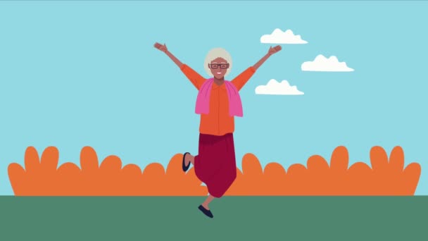 Gelukkig afro oud vrouw vieren animatie karakter — Stockvideo