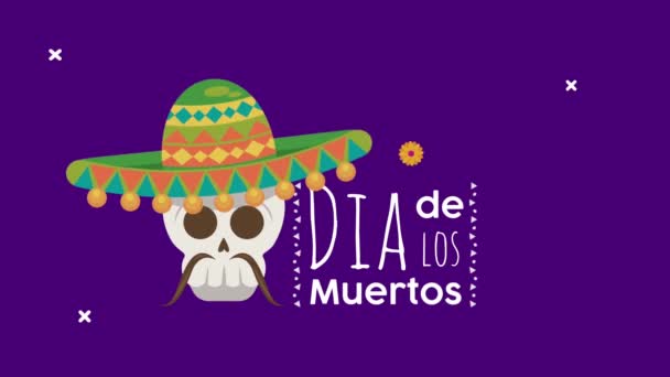 Dia de los muertos lettering celebration with mariachi skull — Stock Video