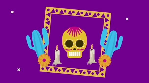 Día de los muertos celebración con cactus y cráneo — Vídeo de stock