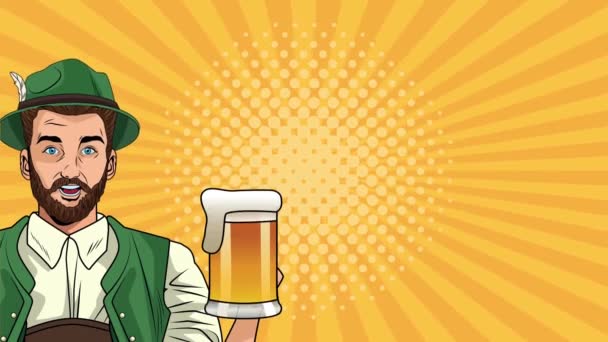 Веселая праздничная анимация с немцем, пьющим пиво — стоковое видео