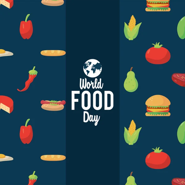 Cartel de letras del día mundial de la comida con patrón de alimentos — Vector de stock