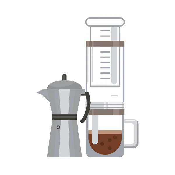 Koffiehuis theepot maken gebruiksvoorwerp en waterkoker platte stijl pictogram — Stockvector
