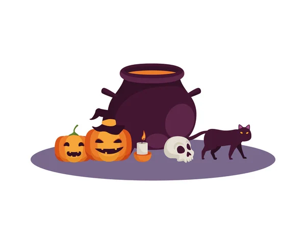 Pentola calderone strega con icone di Halloween — Vettoriale Stock