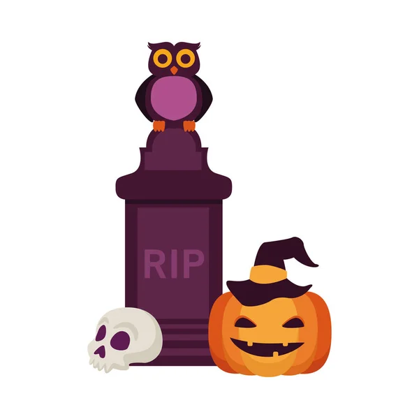 Zucca di Halloween con tomba e gufo — Vettoriale Stock