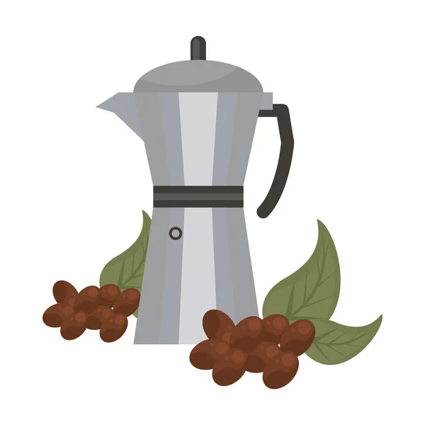 Chicchi e foglie di piante da caffè con bollitore — Vettoriale Stock